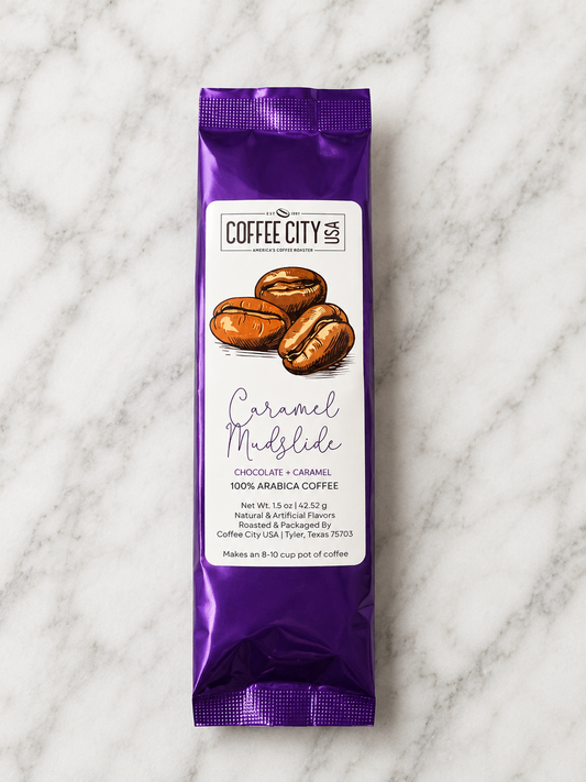Caramel Mudslide Flavored Gourmet Coffee – 1.5 oz Purple Foil Bag