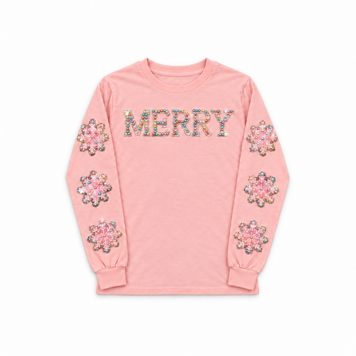 Grace + Emma Pearl “MERRY” Sequin Snowflake Sweatshirt – Pink