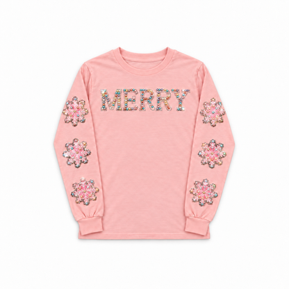 Grace + Emma Pearl “MERRY” Sequin Snowflake Sweatshirt – Pink