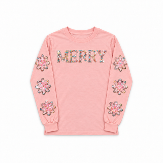 Grace + Emma Pearl “MERRY” Sequin Snowflake Sweatshirt – Pink