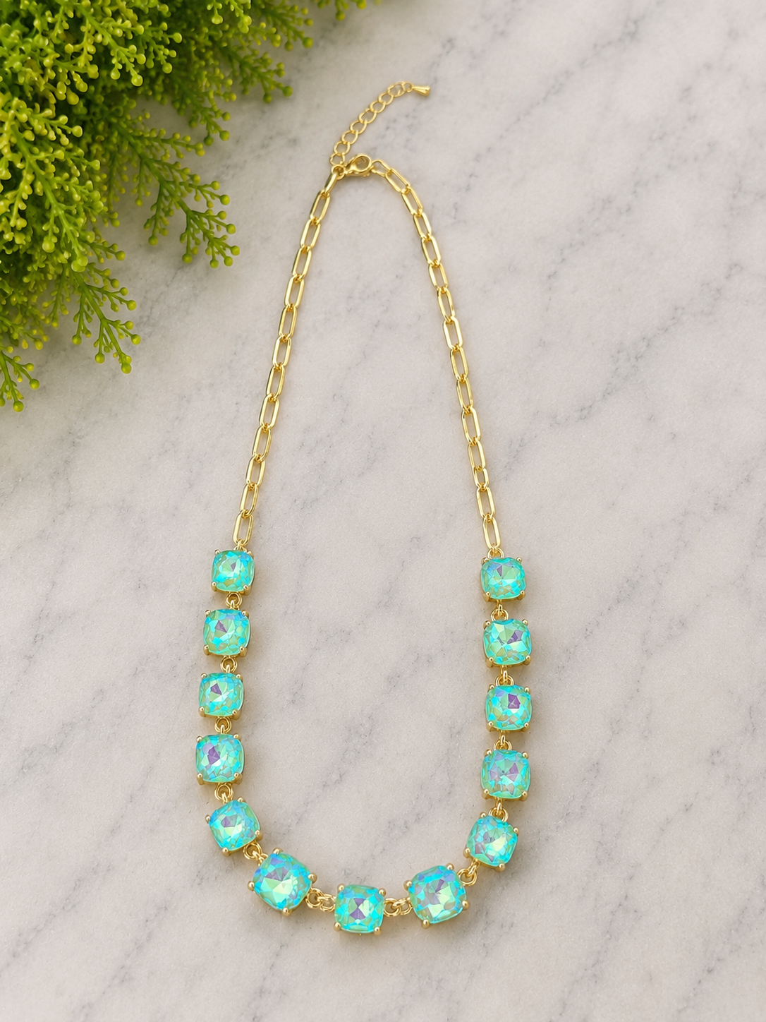 Cushion Cut Glass on Link or Beaded Necklace - available in six colors/ styles