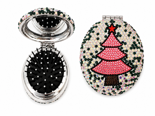 Bling Bling!! Handmade Christmas Tree AB Rhinestone Foldable Compact Hair Brush and Mirror