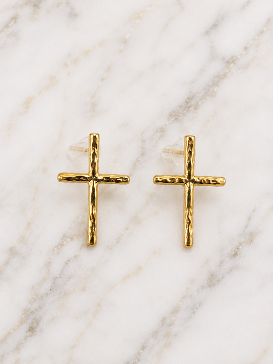 Earrings - Hammered Gold Cross Stud Earrings