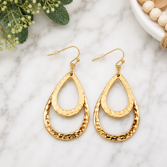 Earrings - Hammered Mixed-Finish Layered Teardrop Earrings