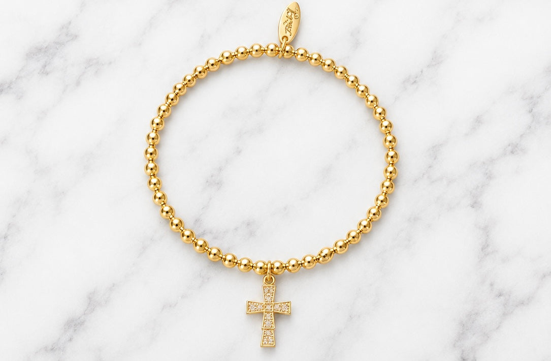 Bracelet - Faith Cross Beaded Stretch Bracelet – Available in Gold or Silver