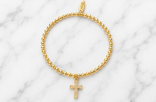Bracelet - Faith Cross Beaded Stretch Bracelet – Available in Gold or Silver