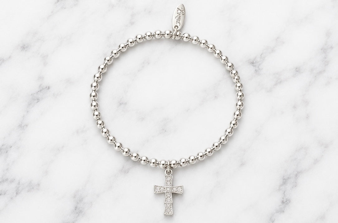 Bracelet - Faith Cross Beaded Stretch Bracelet – Available in Gold or Silver