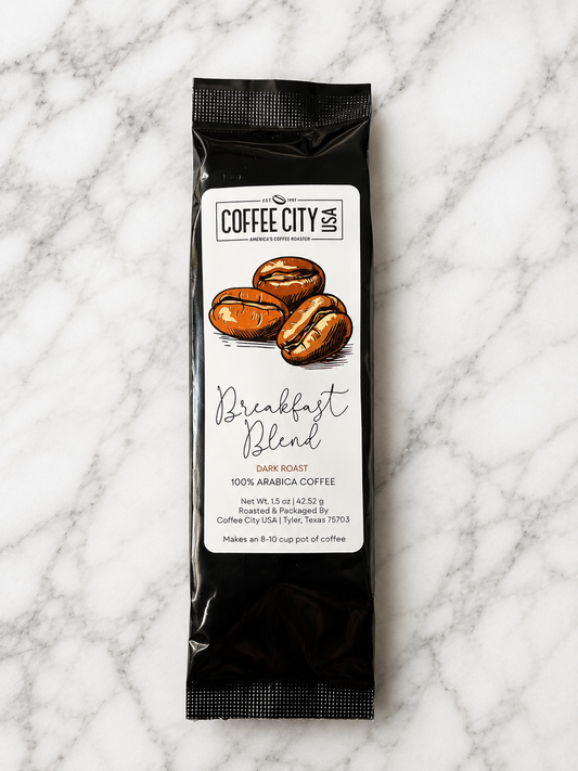 Breakfast Blend Dark Roast Gourmet Coffee – 1.5 oz Black Foil Bag