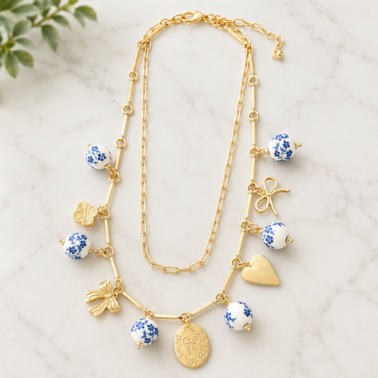 Double Strand Charm Necklace with blue & white ceramic beads