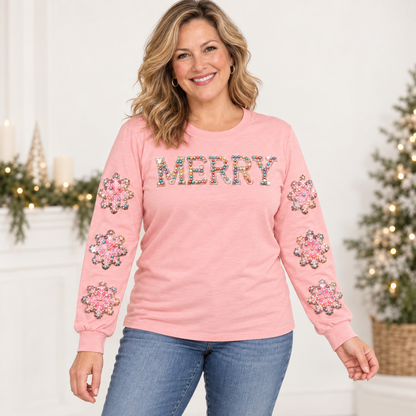 Grace + Emma Pearl “MERRY” Sequin Snowflake Sweatshirt – Pink