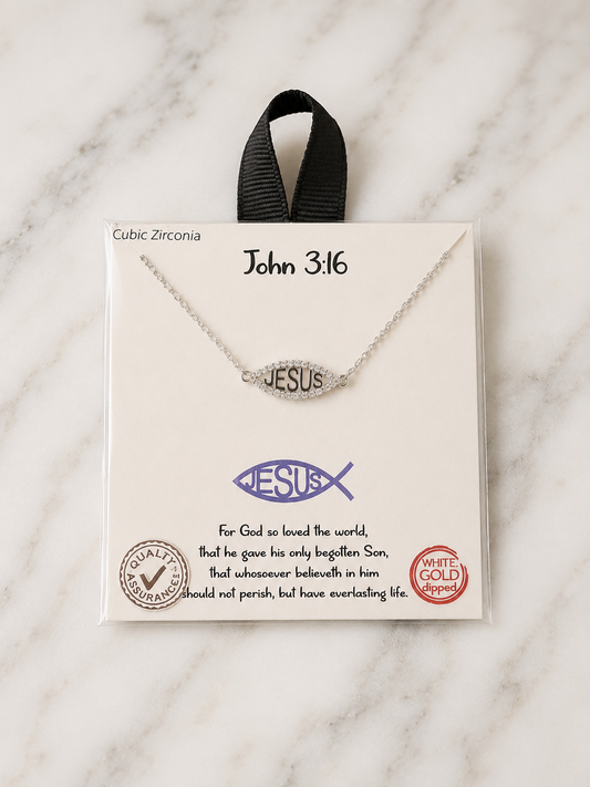 Necklace - John 3:16 White Gold Dipped Jesus Fish Cubic Zirconia Necklace