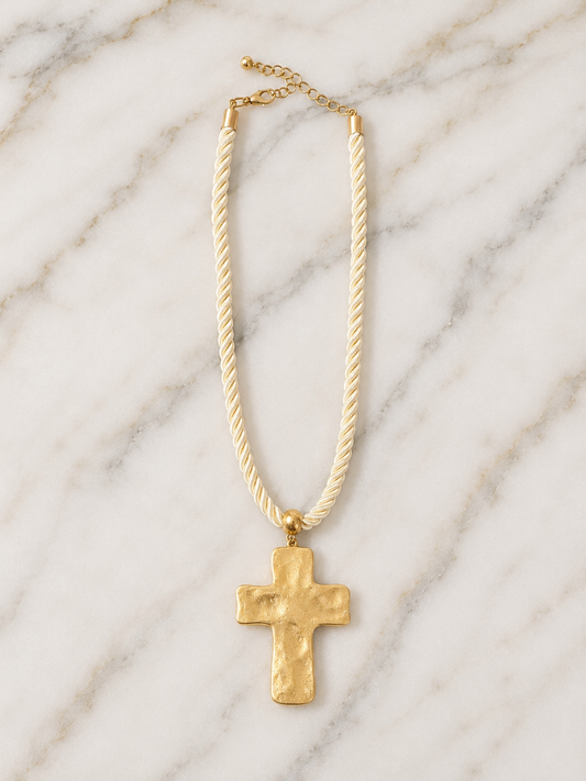 Necklace - Ivory Twisted Cord Hammered Gold Cross Necklace