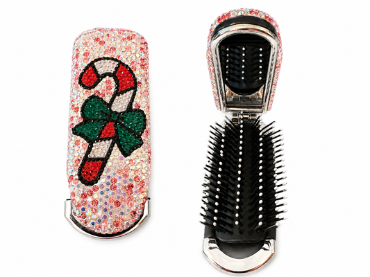Bling Bling!! Handmade Candy Cane Christmas Pink AB Rhinestone Foldable Compact Hair Brush and Mirror