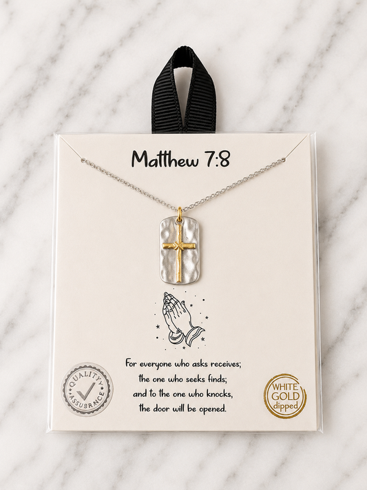 Necklace - Matthew 7:8 Two-Tone Cross Dog Tag Necklace – Gold & Silver Options