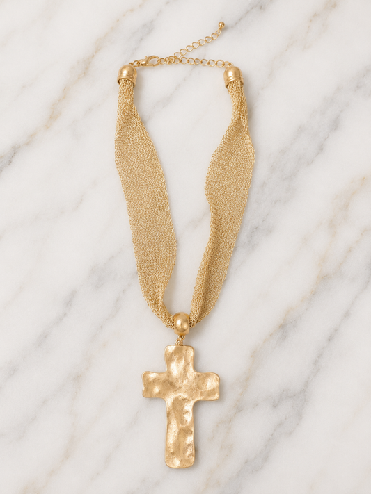 Necklace - Hammered Gold Cross Mesh Statement Necklace
