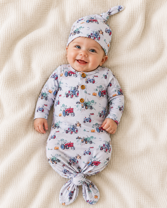 Clothing for Baby Boy - Doggone Tractor Knotted Gown