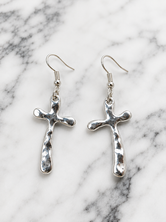 Earrings - Hammered Silver Cross Drop