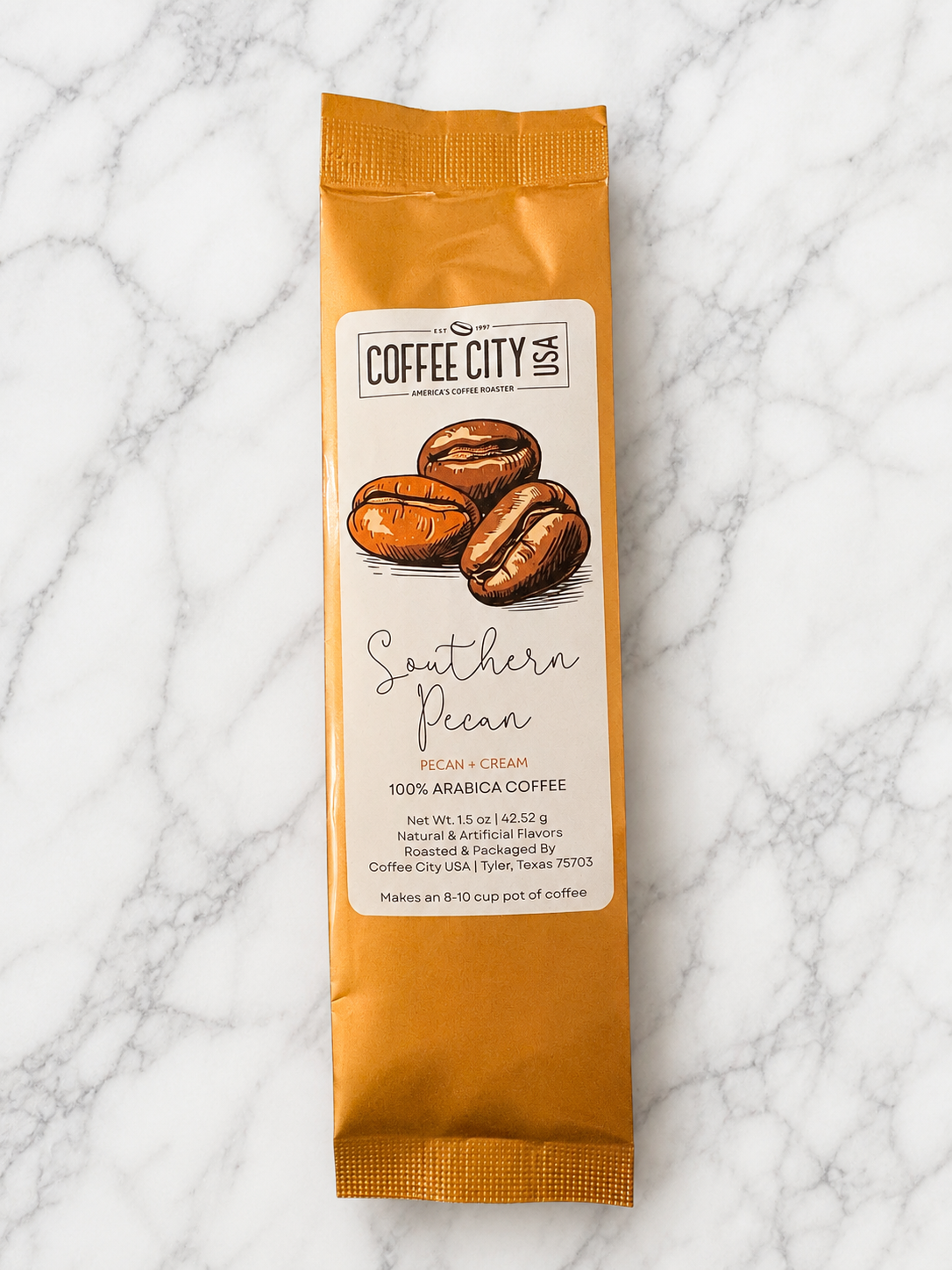 Southern Pecan Flavored Gourmet Coffee – 1.5 oz Copper Foil Bag