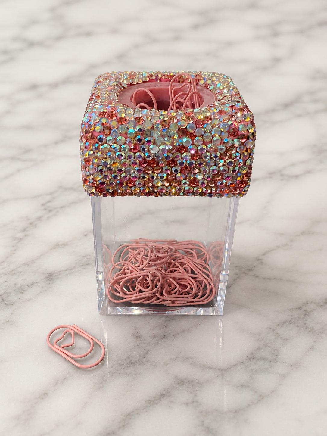 Bling Bling!! Magnetic Heart Paperclip Holder – Pink Rhinestone Acrylic Desk Organizer with Heart Paperclips
