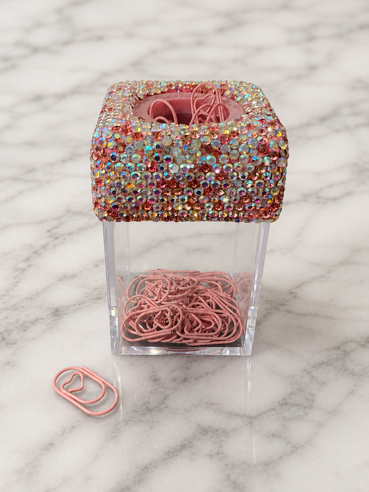 Bling Bling!! Magnetic Heart Paperclip Holder – Pink Rhinestone Acrylic Desk Organizer with Heart Paperclips