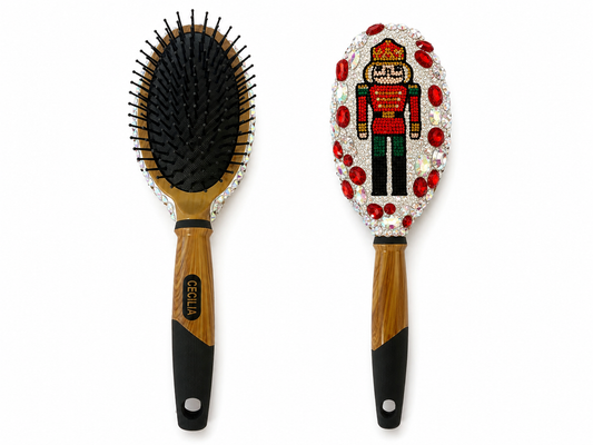 Bling Bling!! Faux Wood Handled Large Rhinestone Nutcracker Christmas Hair Brush