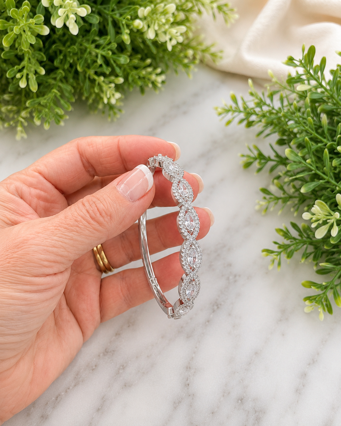 Marquise Crystal Halo Bangle Bracelet - Available in Silver or Gold