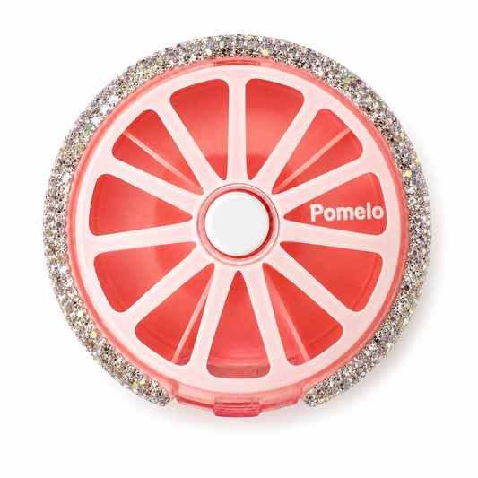 Bling Bling!! Round Weekly Pill Organizer – 7-Day Rotating Travel Pill Box with Rhinestone Trim Pink