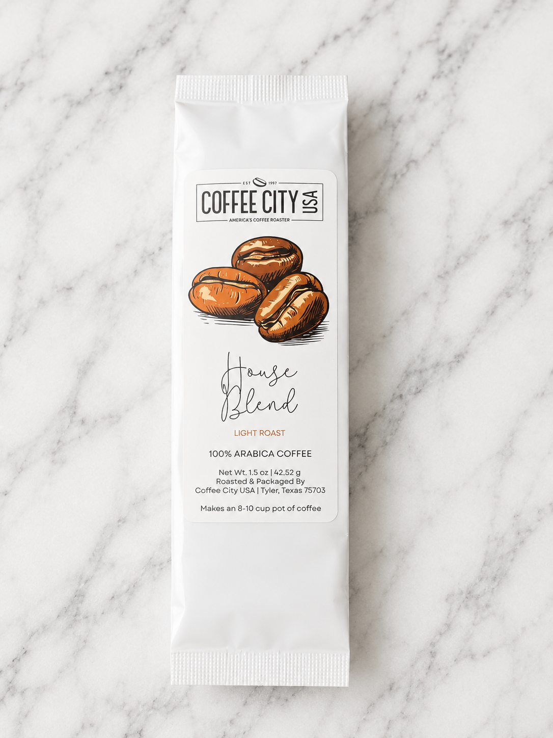 House Blend Light Roast Gourmet Coffee – 1.5 oz White Foil Bag