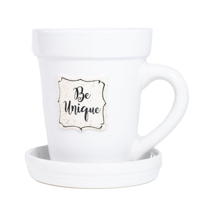 White Flower Pot Mug - “Be Unique” Gift Set