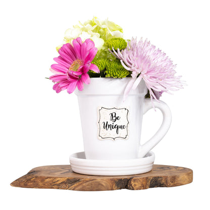 White Flower Pot Mug - “Be Unique” Gift Set