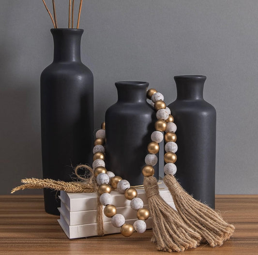 Wood Bead Garland with Tassels, gold & whitewashed Boho Beads