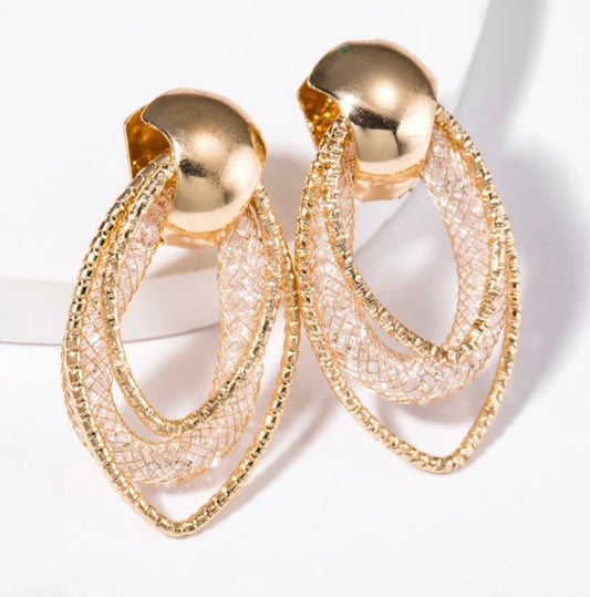 Gold Wire Mesh Droplet Rhinestone Earrings