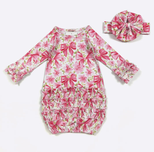 Clothing for Baby Girl - Fuchsia Ribbon Baby Gown fits Newborn to 3 Months