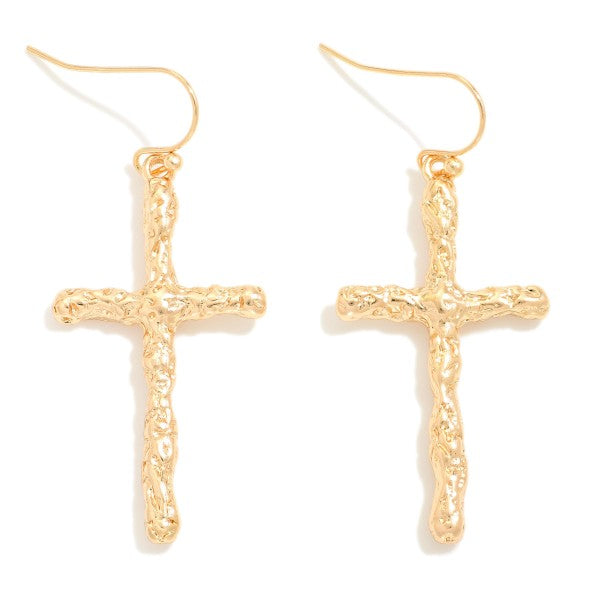 Textured Gold Metal Cross Drop Earrings