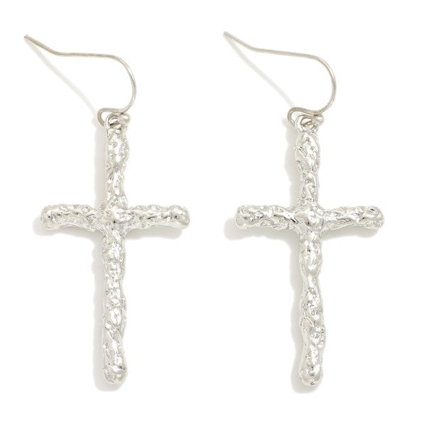 Textured Silver Metal Cross Drop Earrings