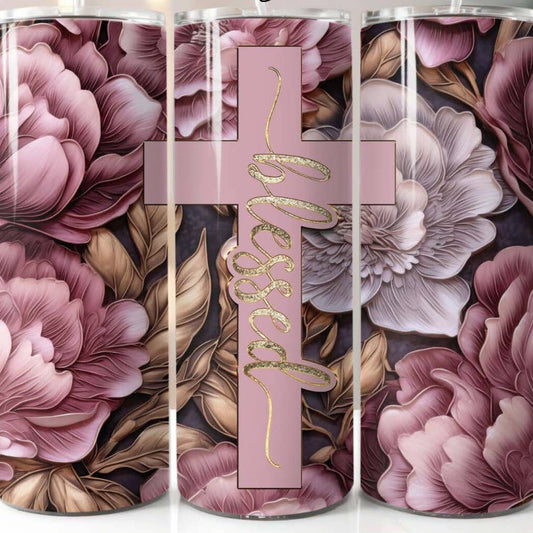 Blessed Peonies Tumbler, 20oz Skinny Stainless Steel Tumbler, Faith Cup