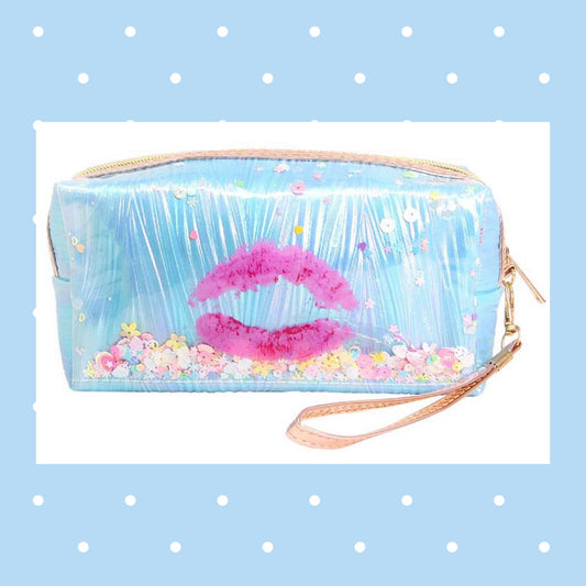 Lipstick Kiss Sparkle Make up Travel Cosmetic Bag Wristlet with Sequins and Handle - Blue