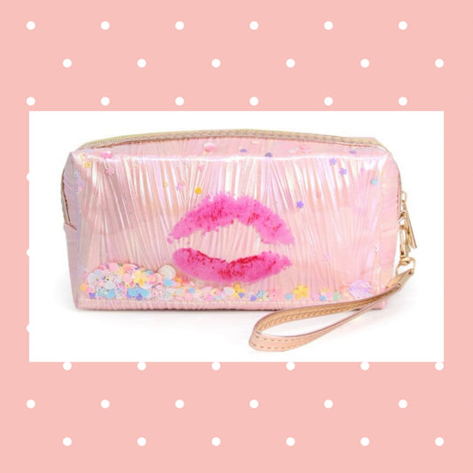 Lipstick Kiss Sparkle Make up Travel Cosmetic Bag Wristlet with Sequins and Handle - Pink