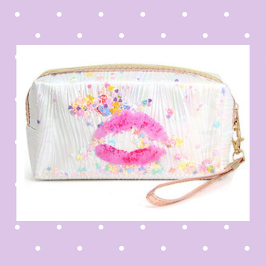 Lipstick Kiss Sparkle Make up Travel Cosmetic Bag Wristlet with Sequins and Handle - White