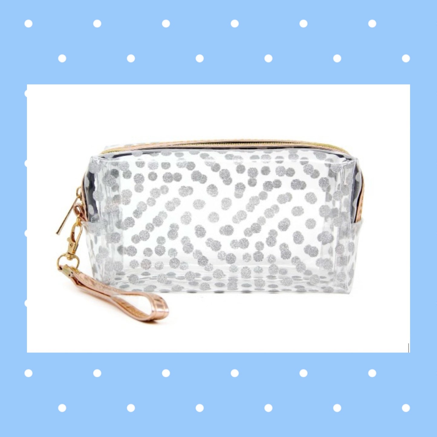 Silver Glittered Polka Dots Clear PVC Makeup / Cosmetic Bag Wristlet