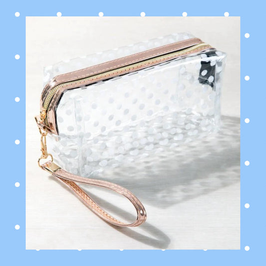 White Glittered Polka Dots Clear PVC Makeup / Cosmetic Bag Wristlet