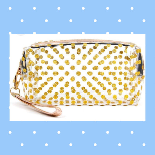 Gold Glittered Polka Dots Clear PVC Makeup / Cosmetic Bag Wristlet