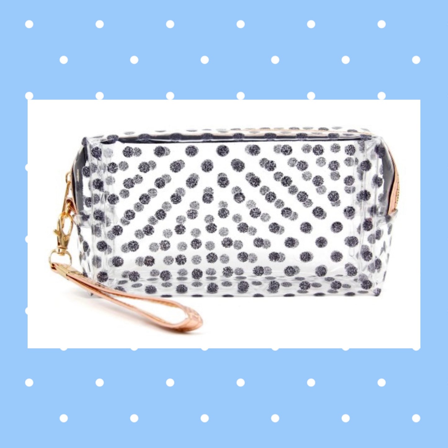 Black Glittered Polka Dots Clear PVC Makeup / Cosmetic Bag Wristlet