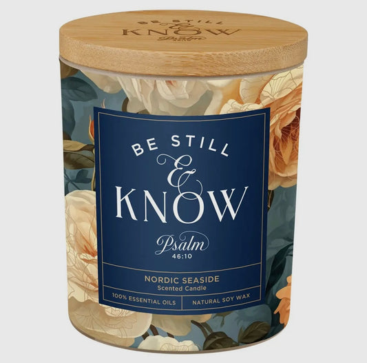 Glass Candle W/Bamboo Lid Floral  Be Still Ps. 46:10