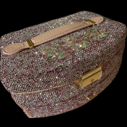Bling Bling! Large Pink AB Jewelry Box / Case with velvet lined drawers, handle and mirror and key