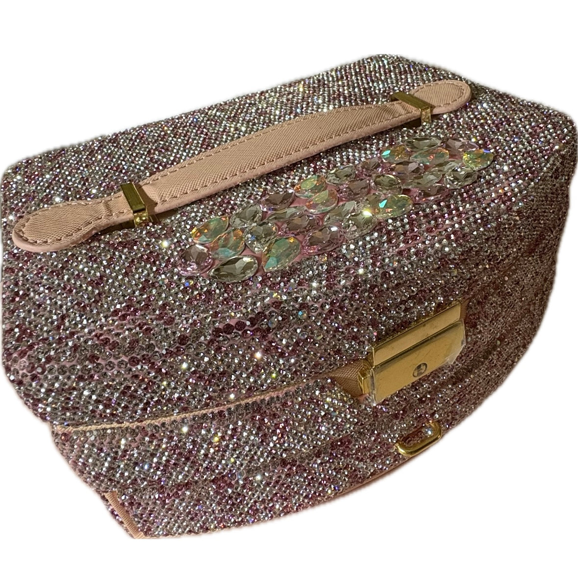 Bling Bling! Large Pink AB Jewelry Box / Case with velvet lined drawers, handle and mirror and key