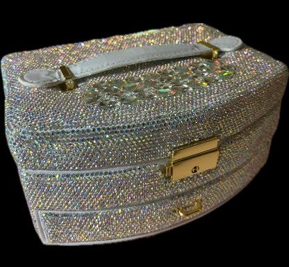 Bling Bling! Large Silver AB Jewelry Box / Case with velvet lined drawers, handle and mirror and key