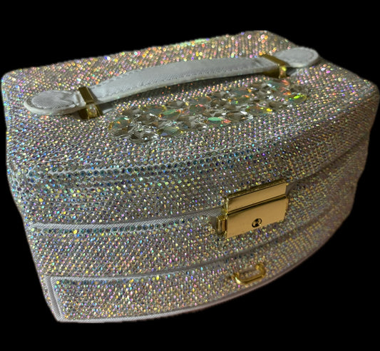 Bling Bling! Large Silver AB Jewelry Box / Case with velvet lined drawers, handle and mirror and key