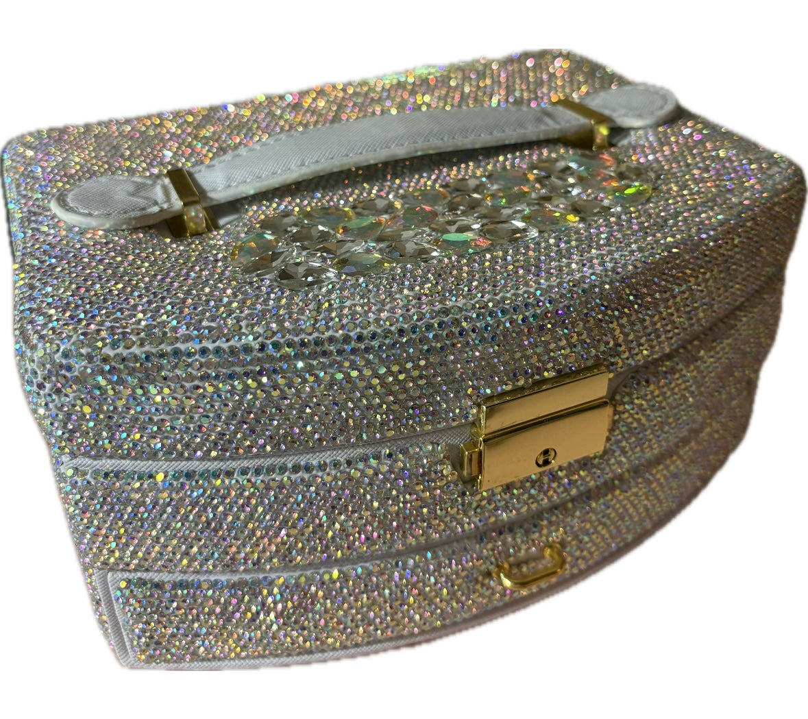 Bling Bling! Large Silver AB Jewelry Box / Case with velvet lined drawers, handle and mirror and key