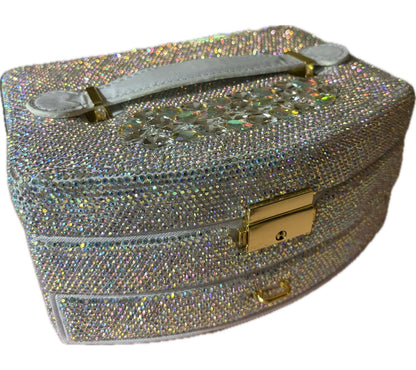 Bling Bling! Large Silver AB Jewelry Box / Case with velvet lined drawers, handle and mirror and key